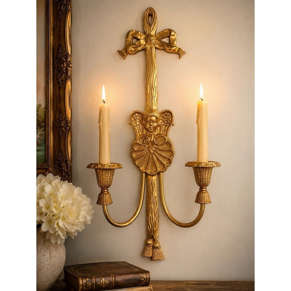 Vintage Brass Angel Cherub Candelabra Wall Sconce Candle Holder Bow Regency MCM
